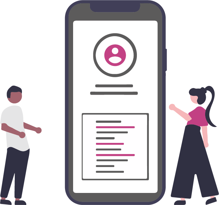 Två personer som står vid en stor mobiltelefon