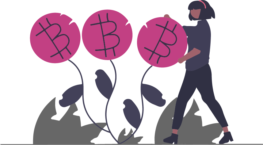 En kvinna som står vid tre stora växter med Bitcoin loggan på sig