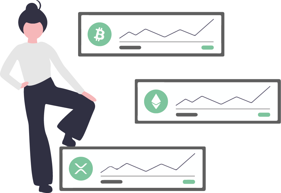 En kvinna som står vi bilder på grafer för olika kryptovalutor