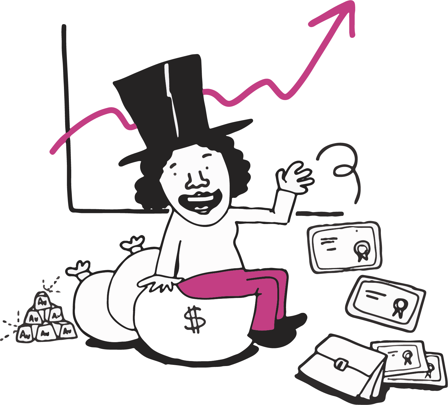 En person med hatt som sitter på pengapåsar framför en graf som går uppåt.