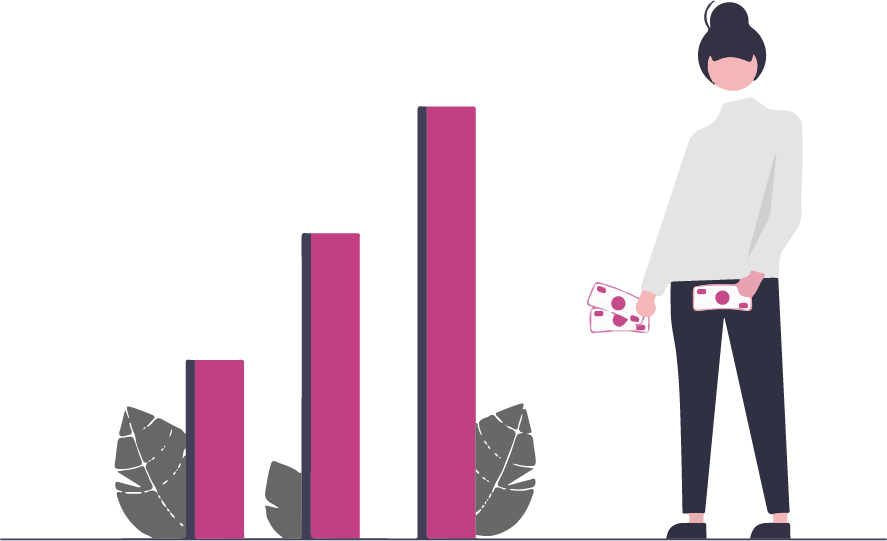 En kvinna som står med pengar vi en stor graf