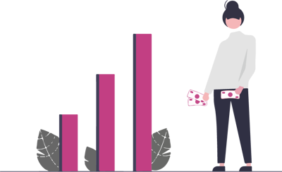 En kvinna som står med pengar vi en stor graf