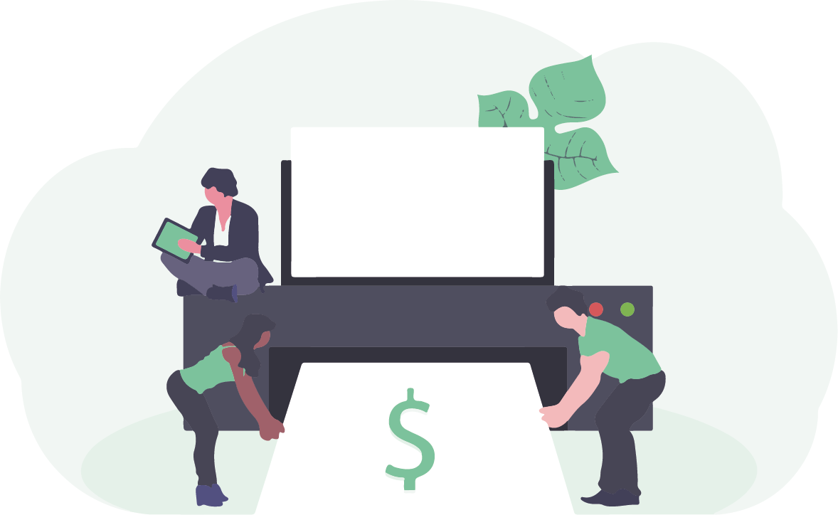 Tre personer som sitter vid en stor maskin som printar pengar