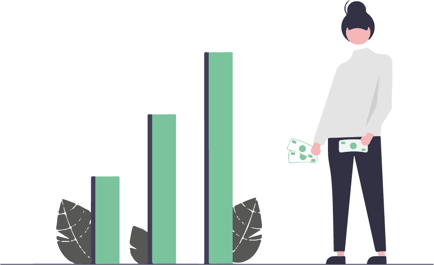 En kvinna som håller i pengar och står vid en stor graf