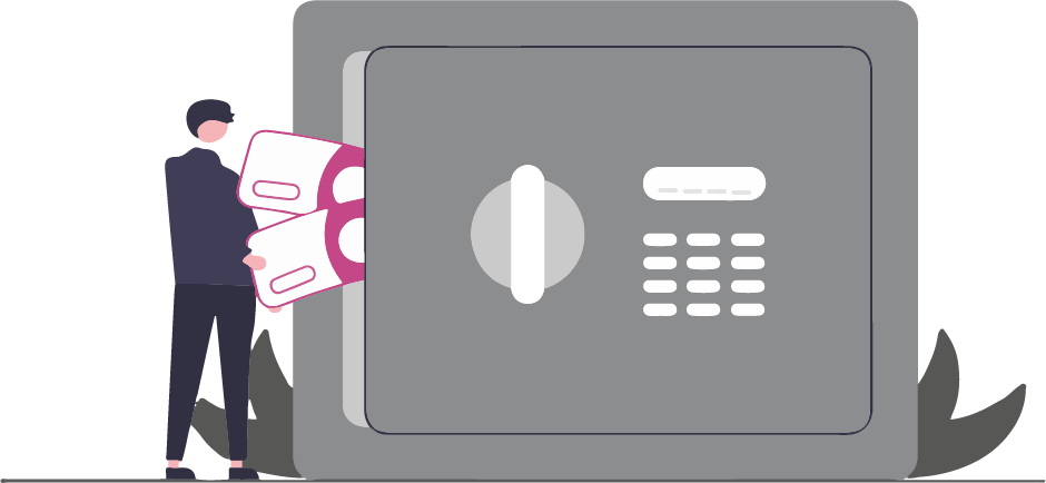 En person som stoppar in pengar i ett stort kassaskåp