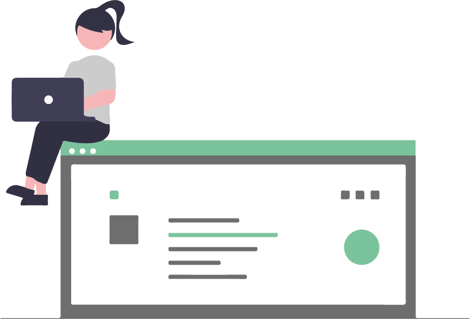 En kvinna som sitter på en stor laptop med en liten laptop i knät