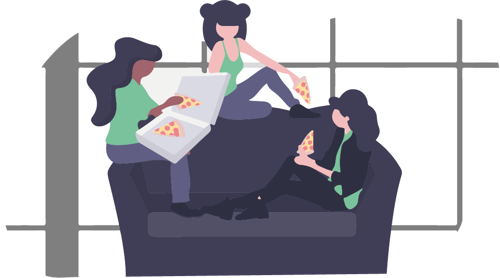 Tre personer som sitter i en soffa och äter pizza.