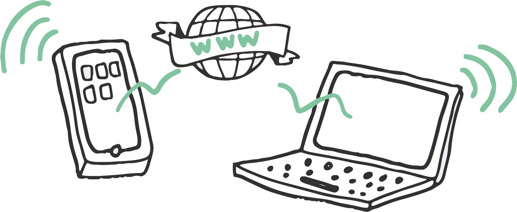 En mobil och en dator. Och en symbol för internet.